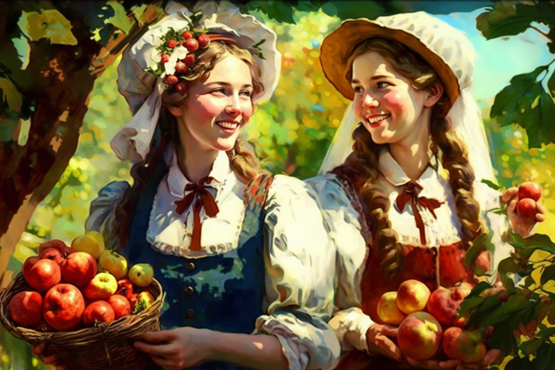 midjourney image of two women picking apples