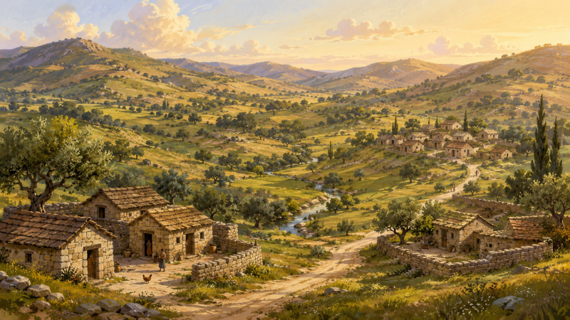 An arcadian landscape with small huts