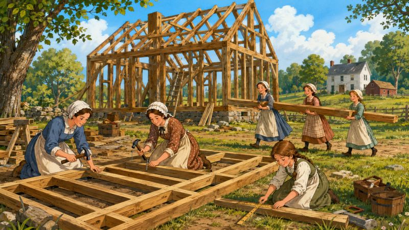 women and girls building a house in early 19th century America