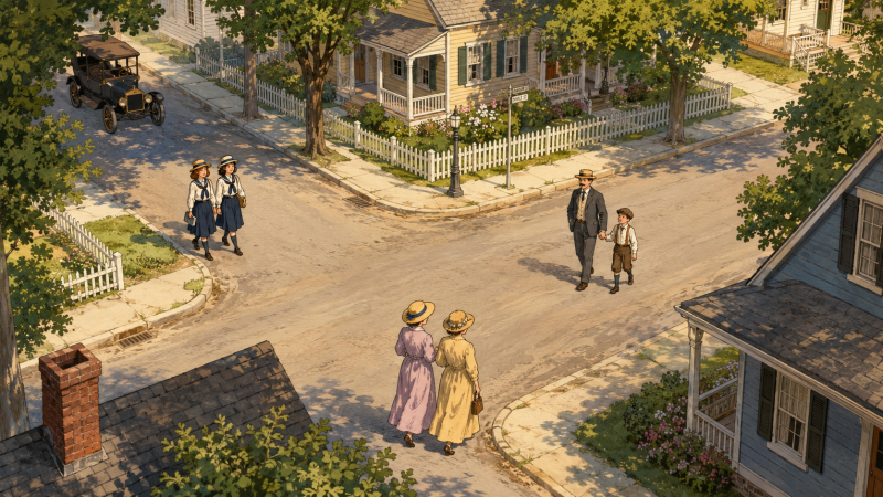 pedestrains approach an intersection in a small town of 1920s America
