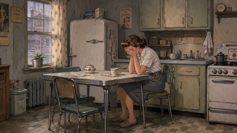 a woman cries in a 1940s tenement